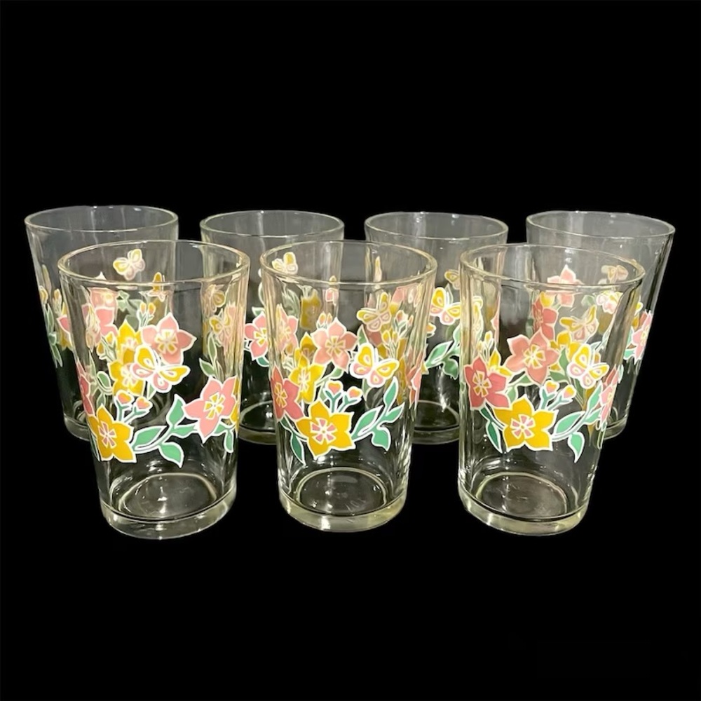 Vintage 1980s Set of 7 Morning Star Fruit Juice Glasses Punch Pink Yellow Green